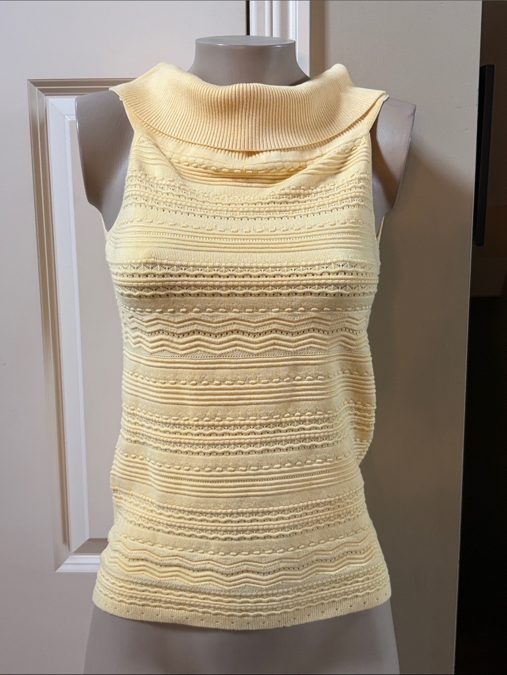 White House Black Market Pale Yellow Sleeveless Cowl Neck Knit Top, small